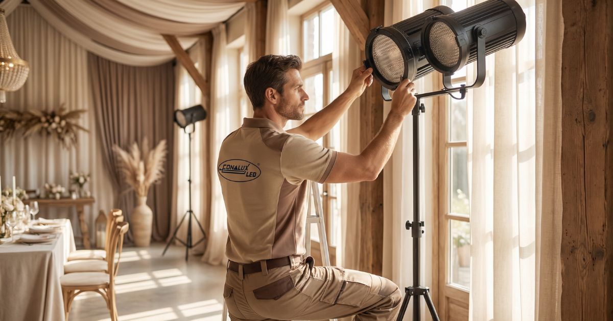 Instalación de iluminación profesional para eventos Técnico ajustando iluminación profesional en evento